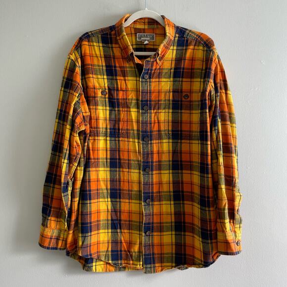 Duluth Size L Yellow Orange Blue Plaid Button Down Shirt Long Sleeves - Picture 1 of 8
